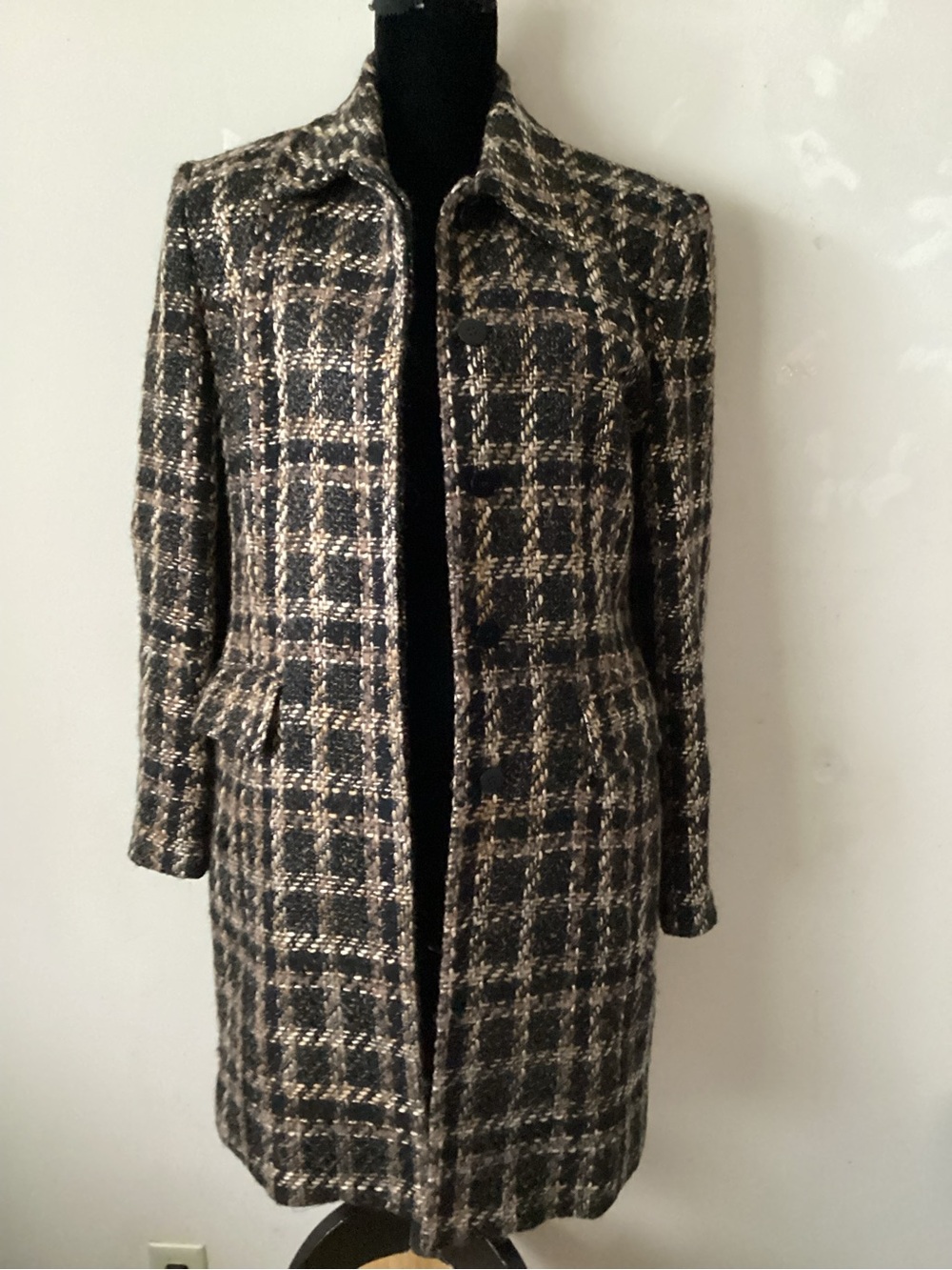 Wool-Blend Plaid Pea Coat in Black and Cream